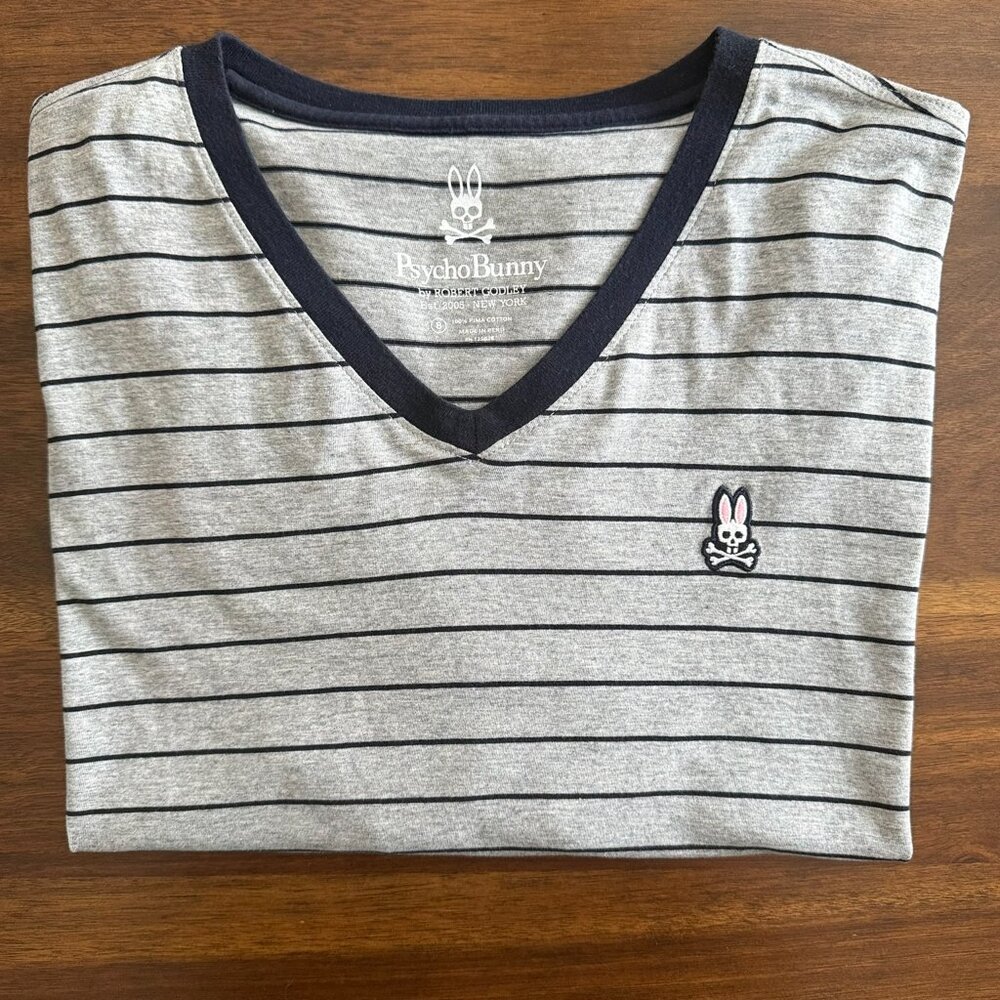 Psycho Bunny Gray & Navy Striped V Neck T Shirt - Size 8 XL + FREE KEYCHAIN!!